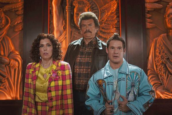 This image released by HBO shows Edi Patterson, left, Danny McBride, center, and Adam Devine in a scene from "The Righteous Gemstones." (HBO via AP)