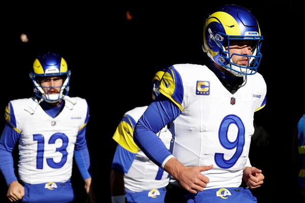 FILE - Los Angeles Rams quarterback Matthew Stafford (9) runs onto the field for an NFL football game against the New York Jets Sunday, Dec. 22, 2024, in East Rutherford, N.J. (AP Photo/Adam Hunger, File)