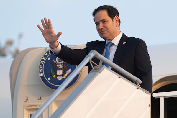 US Secretary of State Marco Rubio boards a military airplane prior to departing from King Abdulaziz International Airport in Jeddah, Saudi Arabia, Wednesday, March 12, 2025, as he travels to Canada for a G7 Foreign Ministers meeting. (Saul Loeb/Pool Photo via AP)