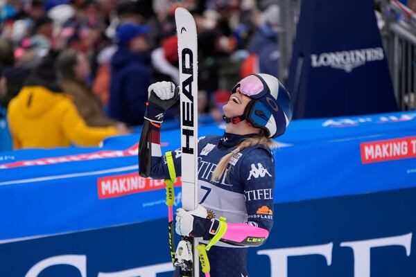 United States' Lindsey Vonn reacts after her women's super-G run at the World Cup Finals, Sunday, March 23, 2025, in Sun Valley, Idaho. (AP Photo/John Locher)