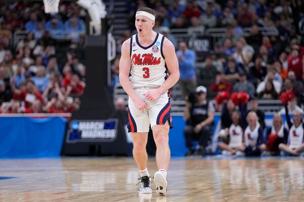 Mississippi guard Sean Pedulla (3) reacts to scoring a three point basket against North Carolina during the first half in the first round of the NCAA college basketball tournament, Friday, March 21, 2025, in Milwaukee, Wis. (AP Photo/Kayla Wolf)nam