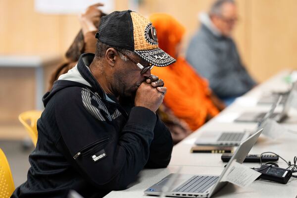 Brandon Dorn looks at his computer during a keyboard basics class offered by Free Geek on Thursday, May 15, 2025, in Portland, Ore. (AP Photo/Jenny Kane)