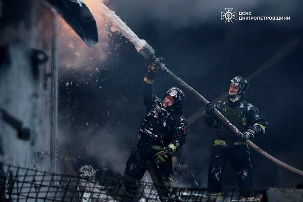 FILE - In this image provided by the Ukrainian Emergency Service, firefighters put out a fire following a Russian missile attack on the country's energy system in Dnipropetrovsk region, Ukraine, Dec. 25, 2024. (Ukrainian Emergency Service via AP, File)