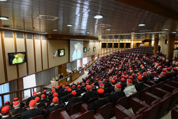 Pope Leo XIV meets the College of Cardinals in the New Synod Hall at the Vatican, Saturday, May 10, 2025. (Vatican Media via AP)
