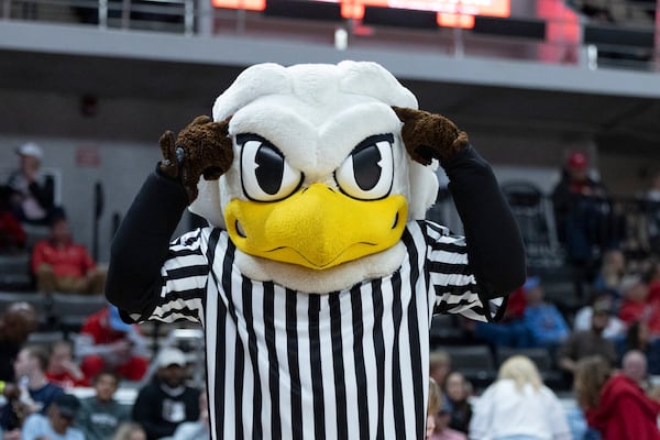 Liberty mascot Sparky performs before the first half of an NCAA college basketball game in the championship of the Conference USA tournament, Saturday, March 15, 2025, in Huntsville, Ala. (AP Photo/Vasha Hunt)