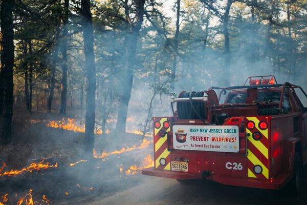 The California Branch wildfire burns in New Jersey's Wharton State Forest on Saturday, March 22, 2025. (New Jersey Department of Environmental Protection via AP)