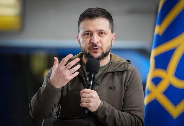 FILE - Ukrainian President Volodymyr Zelenskyy answers questions at a news conference in a city subway under a central square in Kyiv, Ukraine, on April 23, 2022. (AP Photo/Efrem Lukatsky, File)