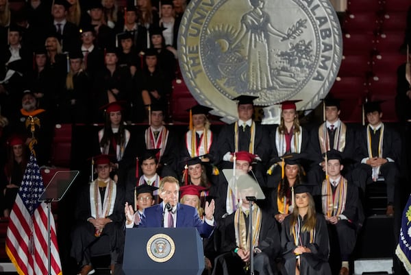 Nick Saban speaks before President Donald Trump arrives to give a commencement address at the University of Alabama, Thursday, May 1, 2025, in Tuscaloosa, Ala. (AP Photo/Mike Stewart)