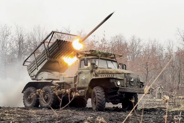 In this photo distributed by Russian Defense Ministry Press Service on Thursday, March 20, 2025, a Russian "Grad" self-propelled multiple rocket launcher fires towards Ukrainian positions in Ukraine. (Russian Defense Ministry Press Service via AP)