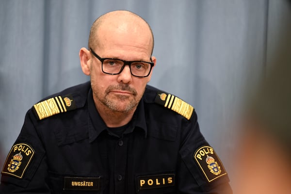 Patrick Ungsäter, regional chief of police, during a press conference after five people were shot at the adult education center Campus Risbergska school in Örebro, Sweden, Tuesday, Feb. 4, 2025. (Pontus Lundahl /TT News Agency via AP)