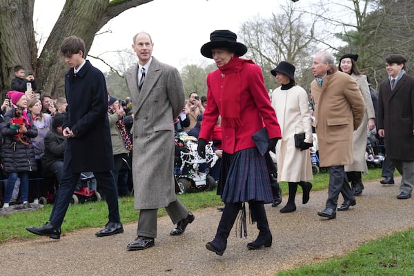 Prince Edward, second left, and Princess Anne arrive for the the Christmas day service at St Mary Magdalene Church in Sandringham in Norfolk, England, Wednesday, Dec. 25, 2024. (AP Photo/Jon Super)