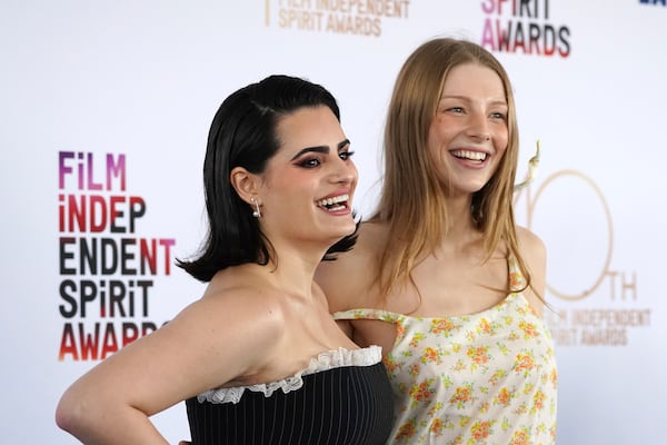 Nava Mau, left, and Hunter Schafer arrive at the Film Independent Spirit Awards on Saturday, Feb. 22, 2025, in Santa Monica, Calif. (Photo by Jordan Strauss/Invision/AP)