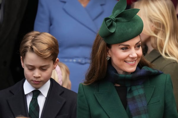 Kate, Princess of Wales with her eldest son Prince George leave after attending the Christmas day service at St Mary Magdalene Church in Sandringham in Norfolk, England, Wednesday, Dec. 25, 2024. (AP Photo/Jon Super)