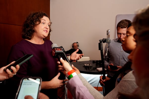 FILE - U.S. Rep. Katie Porter, D-Calif., takes questions from reporters after a televised debate for candidates in the senate race to succeed the late California Sen. Dianne Feinstein, on Monday, Jan. 22, 2024, in Los Angeles. (AP Photo/Damian Dovarganes, File)