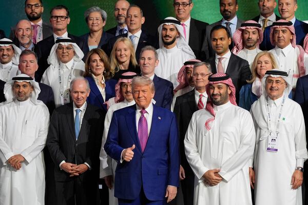 President Donald Trump and Saudi Crown Prince Mohammed bin Salman pose for a photo at the Saudi-U.S. Investment Forum at the King Abdulaziz International Conference Center in Riyadh, Saudi Arabia, Tuesday, May 13, 2025. (AP Photo/Alex Brandon)