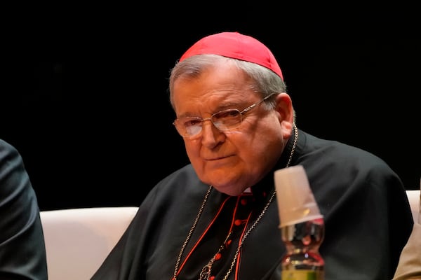 FILE - Cardinal Raymond Burke attends the conference "The synodal Babel" in a theater near the Vatican, Oct. 3, 2023, after a letter he signed with others and containing questions to Pope Francis about the upcoming synod of bishops was made public. (AP Photo/Gregorio Borgia, File)