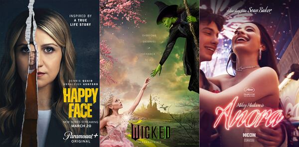 This combination of images shows promotional art for the series "Happy Face," the film "Wicked," and the film "Anora." (Paramount+/Universal Pictures/Neon via AP)