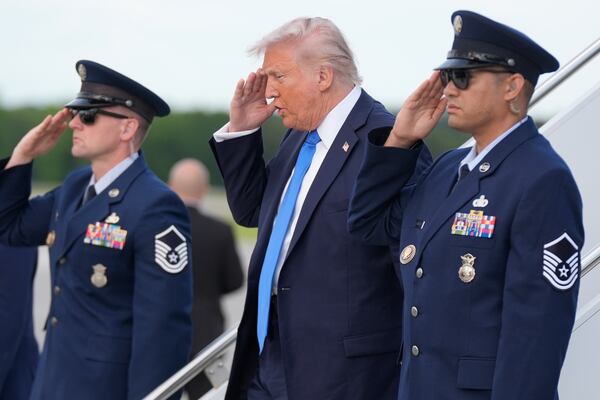 President Donald Trump arrives at Tuscaloosa National Airport, Thursday, May 1, 2025, in Tuscaloosa, Ala. (AP Photo/Manuel Balce Ceneta)