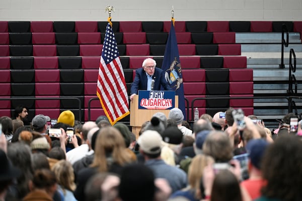 Sen. Bernie Sanders, I-Vt., speaks during a "Fighting Oligarchy: Where We Go From Here" event Saturday, March 8, 2025, at Lincoln High School in Warren, Mich. (AP Photo/Jose Juarez)