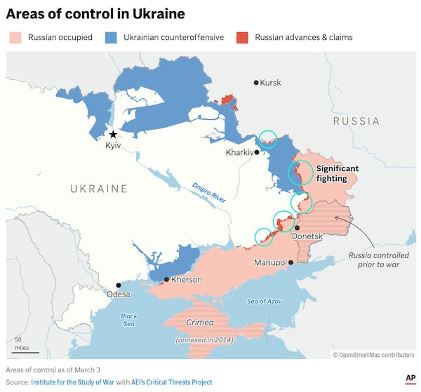 The map above shows the current areas of control and fighting across Ukraine as of March 3. (AP Graphic)