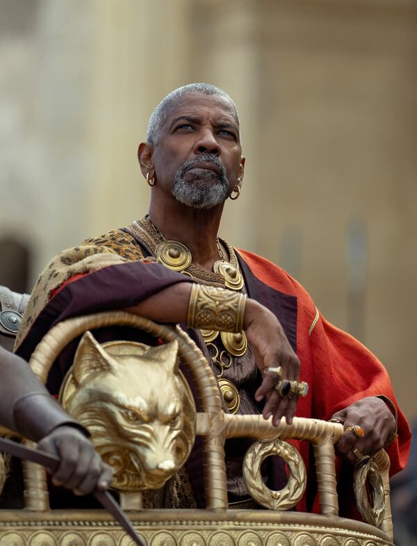 This image released by Paramount Pictures shows Denzel Washington in a scene from "Gladiator II." (Aidan Monaghan/Paramount Pictures via AP)