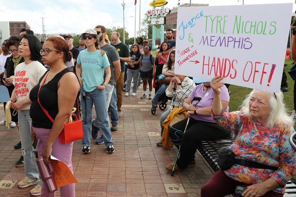 Attendees show their support during a community rally in honor of Tyre Nichols, Thursday, May 8, 2025, in Memphis, Tenn. (AP Photo/Nikki Boertman)