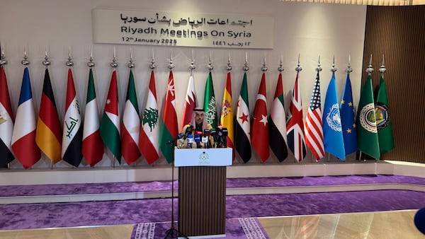 Saudi Foreign Minister Prince Faisal bin Farhan Al-Saud speaks during a press briefing, in Riyadh, Saudi Arabia, Sunday, Jan. 12, 2025. (AP Photo/Baraa Anwer)