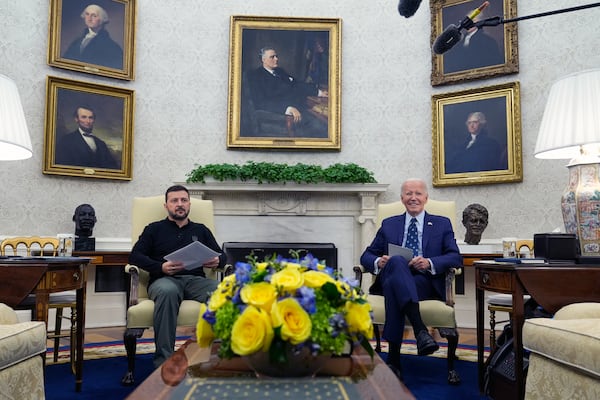 FILE - President Joe Biden, right, meets with Ukraine's President Volodymyr Zelenskyy in the Oval Office of the White House in Washington, Sept. 26, 2024. (AP Photo/Susan Walsh, File)