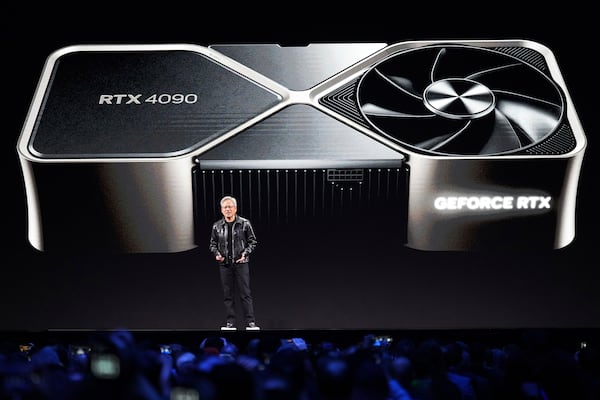 Nvidia founder and CEO Jensen Huang speaks during a Nvidia news conference ahead of the CES tech show Monday, Jan. 6, 2025, in Las Vegas. (AP Photo/Abbie Parr)