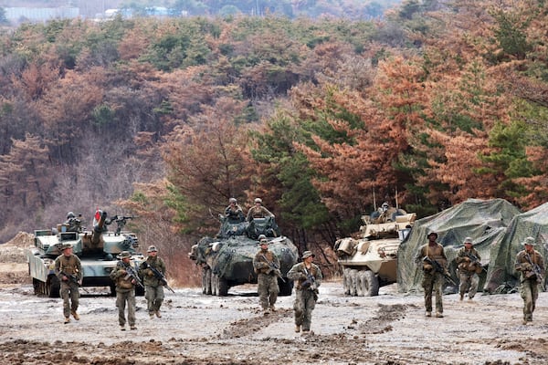 South Korea and U.S. marines attend a joint military exercise between South Korea and the United States in Pohang, South Korea, Thursday, March 6, 2025. (Son Dae-sung/Yonhap via AP)