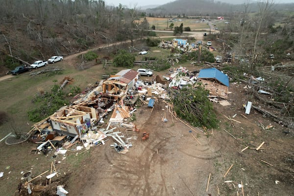 Destruction from a severe storm is seen Saturday, March 15, 2025, in Wayne County, Mo. (AP Photo/Jeff Roberson)