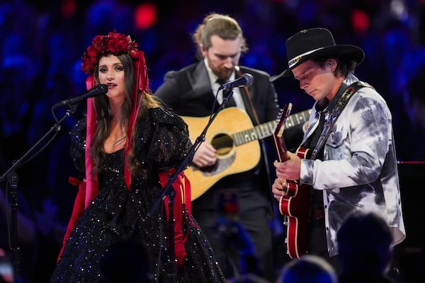 Sierra Ferrell, left, and Lukas Nelson perform during the MusiCares Person of the Year gala honoring The Grateful Dead on Friday, Jan. 31, 2025, in Los Angeles. (AP Photo/Chris Pizzello)