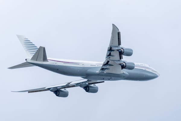 FILE - A 13-year-old private Boeing aircraft that President Donald Trump toured on Saturday to check out new hardware and technology features, and highlight the aircraft maker's delay in delivering updated versions of the Air Force One presidential aircraft, takes off from Palm Beach International Airport, Feb. 16, 2025, in West Palm Beach, Fla. (AP Photo/Ben Curtis, File)