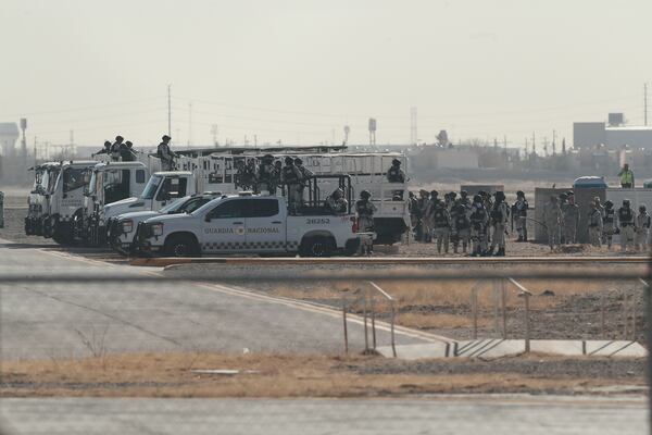 Mexican National Guards arrive to Ciudad Juarez, Mexico, Tuesday, Feb. 4, 2025, to reinforce the country's border with the United States. (AP Photo/Christian Chavez)