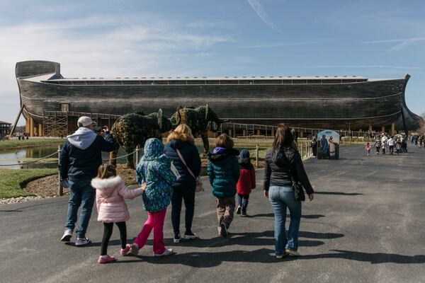 Visitors arrive at the Ark Encounter in Williamstown, Ky., Friday, March 21, 2025. (AP Photo/Madeleine Hordinski)