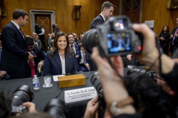 Rep. Elise Stefanik, R-N.Y., President Donald Trump's nominee to be the United Nations Ambassador, testifies during a Senate Committee on Foreign Relations hearing for her pending confirmation on Capitol Hill, Tuesday, Jan. 21, 2025, in Washington. (AP Photo/Rod Lamkey, Jr.)