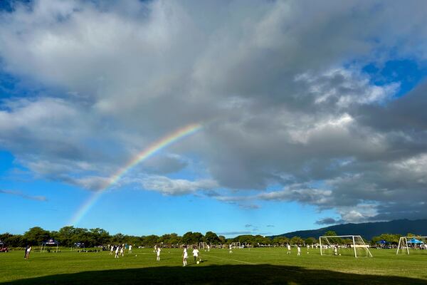 A rainbow appears over a soccer field on Oct. 28, 2024, in Waipahu, Hawaii. (AP Photo/Jennifer Sinco Kelleher)