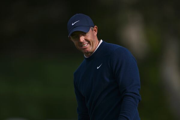 Rory McIlroy, of Northern Ireland, reacts after missing a putt on the 16th hole at Pebble Beach Golf Links during the final round of the AT&T Pebble Beach Pro-Am golf tournament, Sunday, Feb. 2, 2025, in Pebble Beach, Calif. (AP Photo/Nic Coury)