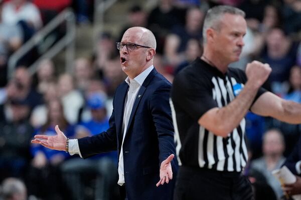 UConn head coach Dan Hurley reacts during the first half against the Florida in the second round of the NCAA college basketball tournament, Sunday, March 23, 2025, in Raleigh, N.C. (AP Photo/Chris Carlson)