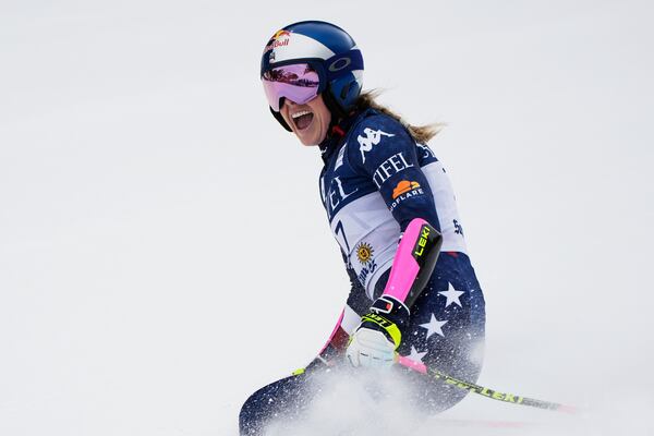 United States' Lindsey Vonn reacts after her women's super-G run at the World Cup Finals, Sunday, March 23, 2025, in Sun Valley, Idaho. (AP Photo/John Locher)