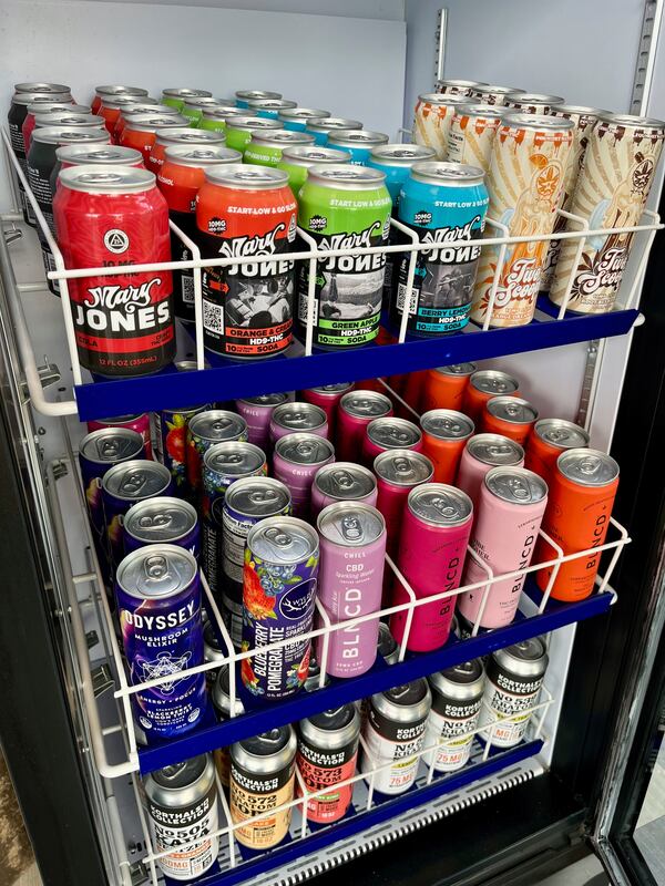 A selection of beverages containing hemp-based THC is on display at Kind Life Dispensary in Lincoln, Neb. on May 1, 2025. (AP Photo/Margery Beck)