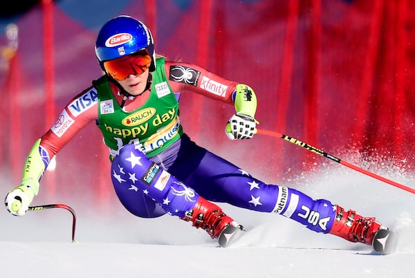 FILE - Mikaela Shiffrin, of the United States, skis down the course during women's World Cup super G skiing race action in Lake Louise, Alberta, Sunday, Dec. 3, 2017. (Frank Gunn/The Canadian Press via AP, File)