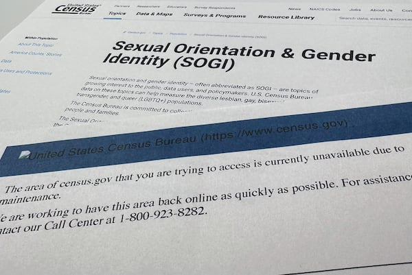 A page, top, from the Census.gov website that displayed on Jan. 24, about sexual orientation and gender identity, and the error page, bottom, showing the page is not available on Jan. 31, is photographed Friday, Jan. 31, 2025. (AP Photo/Jon Elswick)