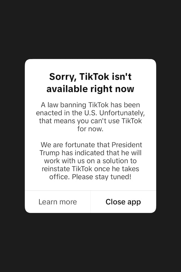 This screenshot from a cell phone displays a message from the TikTok app reading "Sorry, TikTok isn't available right now" on Saturday, Jan. 18, 2025, in San Bruno, Calif. (AP Photo/Stephanie Mullen)