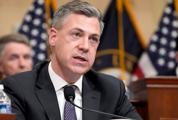 FILE - Rep. Jim Banks, R-Ind., questions witnesses during a hearing of a special House committee dedicated to countering China, on Capitol Hill, Feb. 28, 2023, in Washington. (AP Photo/Alex Brandon, File)