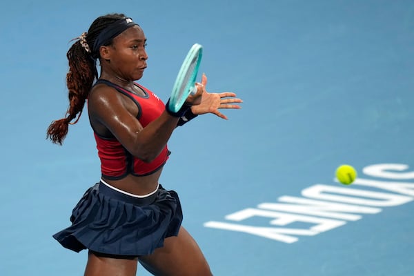 Coco Gauff of the U.S. hits a forehand to Czechia's Karolina Muchova in their semifinal match at the United Cup tennis tournament in Sydney, Australia, Saturday, Jan. 4, 2025. (AP Photo/Rick Rycroft)