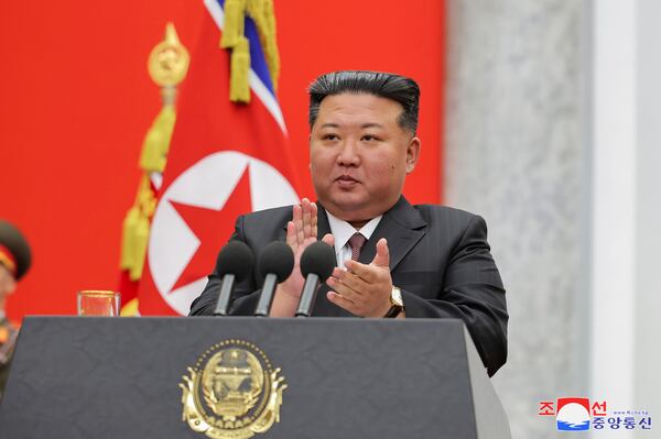 This photo provided Monday, Feb. 10, 2025, by the North Korean government, North Korean leader Kim Jong Un delivers a speech marking the 77th founding anniversary of the Korean People’s Army at the defense ministry in Pyongyang, Saturday, Feb. 8, 2025. Independent journalists were not given access to cover the event depicted in this image distributed by the North Korean government. The content of this image is as provided and cannot be independently verified. Korean language watermark on image as provided by source reads: "KCNA" which is the abbreviation for Korean Central News Agency. (Korean Central News Agency/Korea News Service via AP)