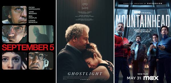 This combination of images shows promotional art for "September 5", from left, "Ghostlight", and "Mountainhead." (Prime Video/Kanopy/HBO Max via AP)