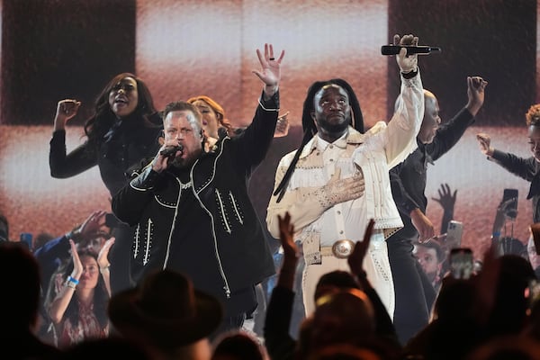Jelly Roll, left, and Shaboozey perform "Amen" during the 60th annual Academy of Country Music Awards on Thursday, May 8, 2025, in Frisco, Texas. (AP Photo/Chris Pizzello)