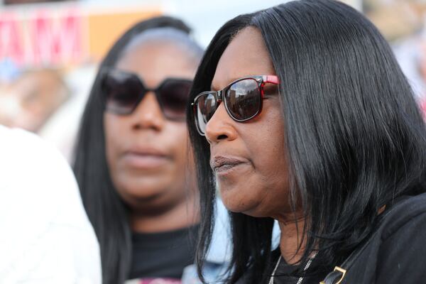 Mother of Tyre Nichols, RowVaughn Wells, right, stands with Keyana Dixon, sister of Tyre, during a community rally in his honor, Thursday, May 8, 2025, in Memphis, Tenn. (AP Photo/Nikki Boertman)